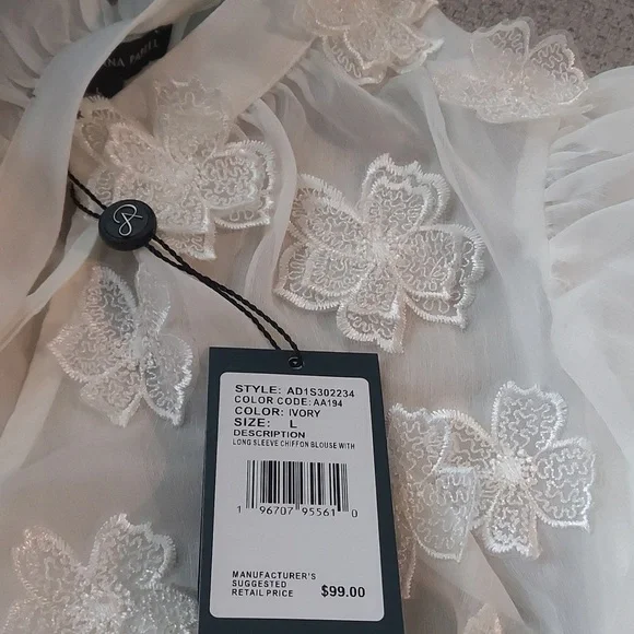 Adrianna Papell Floral Embroidered Chiffon Semi-Sheer Blouse Sz-L - Picture 8 of 8